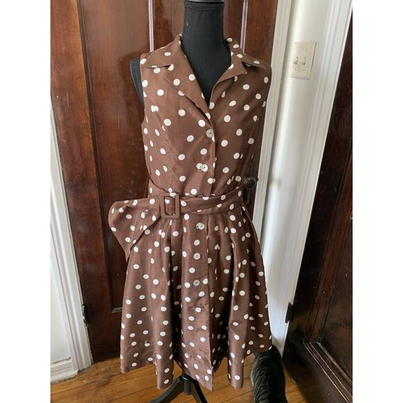 90s Jessica Howard Pretty Woman Brown Polka Dot Shirt Dress SZ 10 - Picture 13 of 15